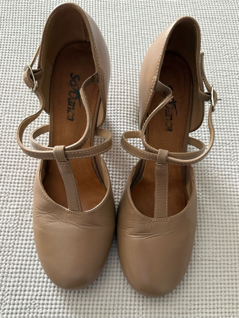 So Danca 3” Beige T-Strap Character Heel with Ankle Buckle